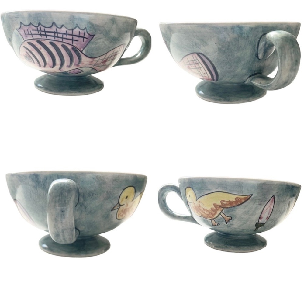 Artisan Ceramic Bowl Whimsical Fish Bird Lilly Pad Sea Ocean Decorative Art